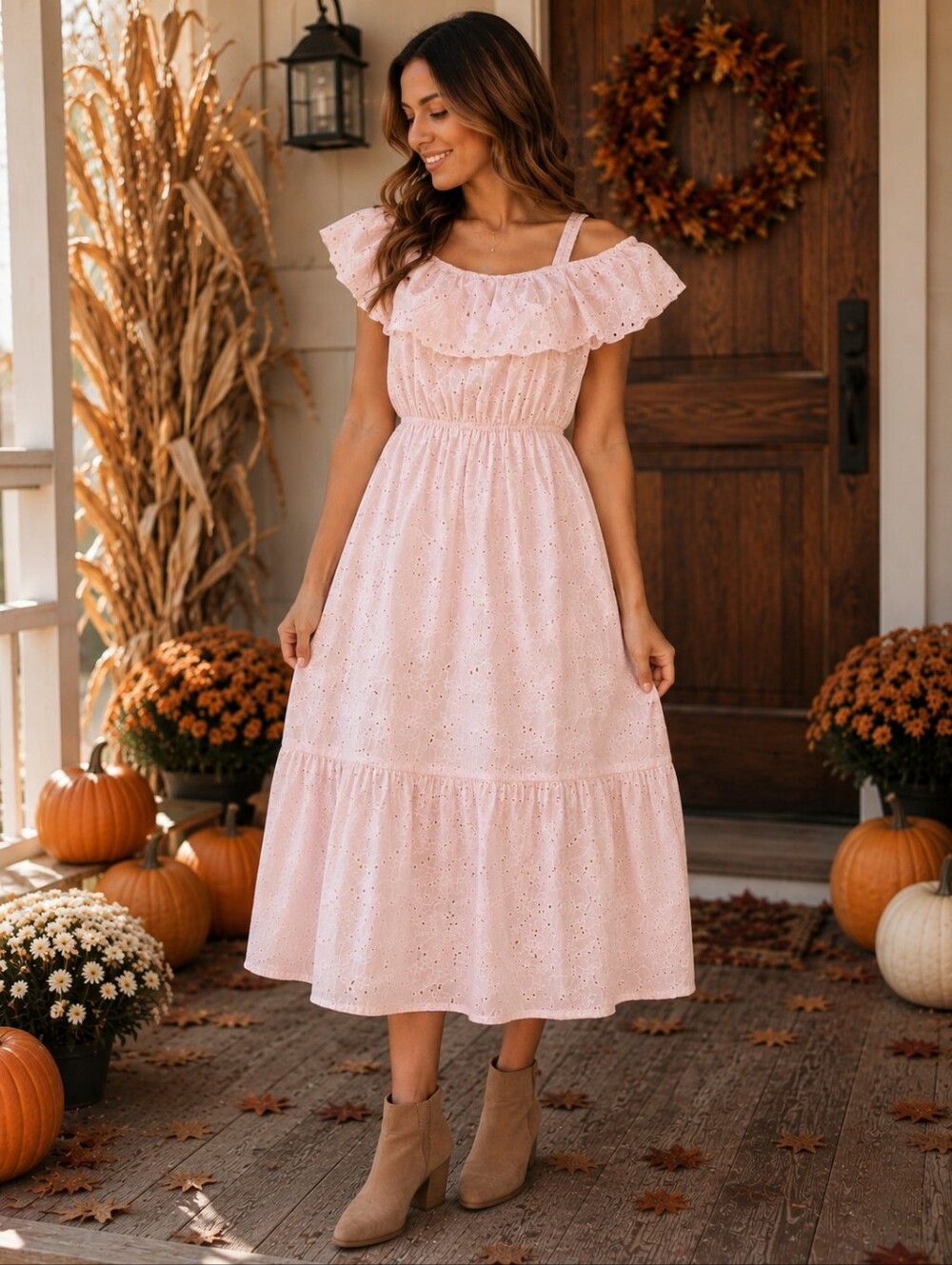 Haute Monde Pink Eyelet Ruffle Off Shoulder Midi Dress Small Boho